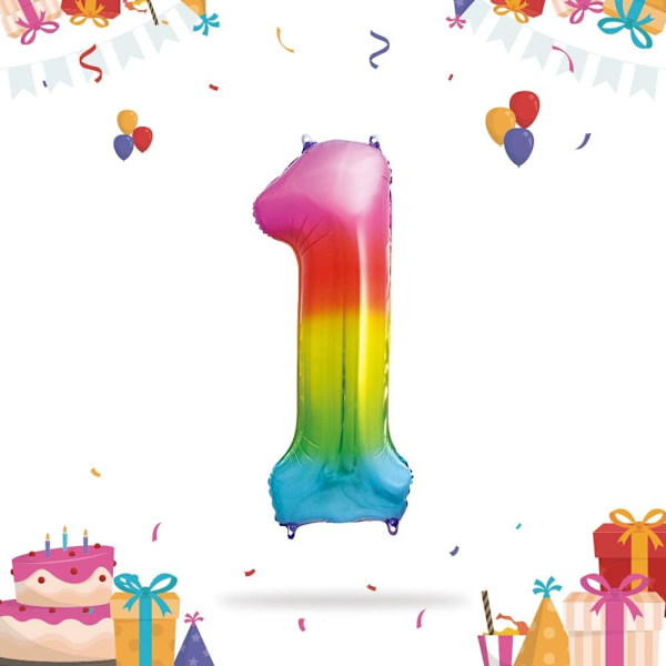 Farverige 1 års fødselsdag balloner - Stor ballon nummer 1