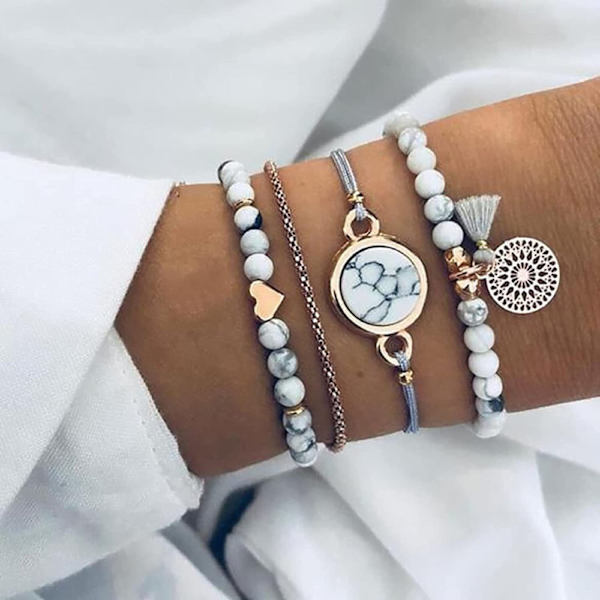 ##/Armbandset Boho armbandset med tofsar, vitt marmorarmband, natursten##/