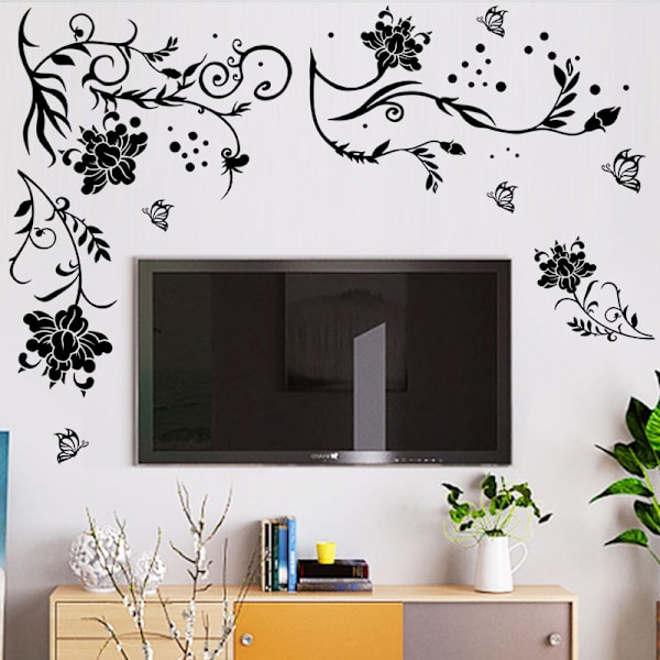1 Set Väggdekaler Fjärilar Rankor Blomma Svart PVC Design Wa