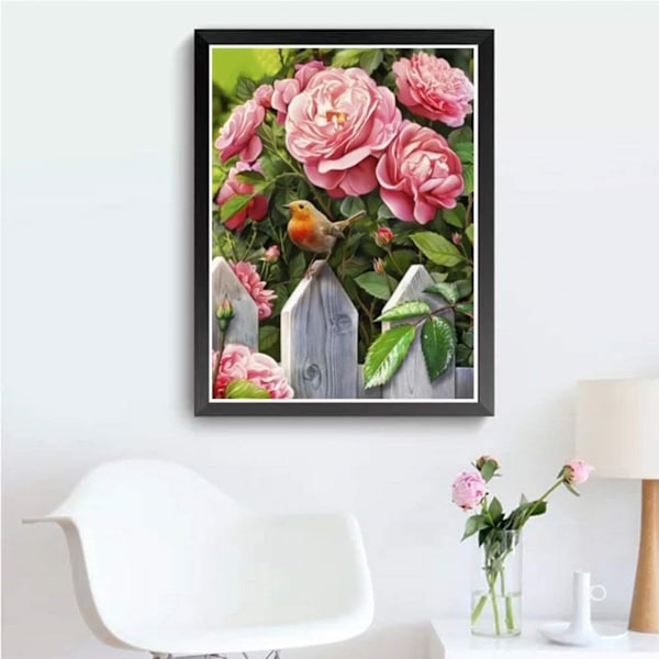 ##/Måla DIY 5D Diamantmålning Kit Blommor Rosor Landsbylandskap##/