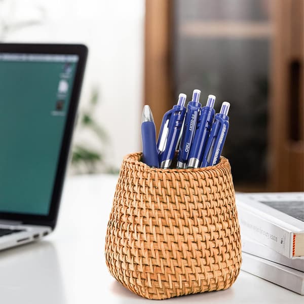 Sett med 2 Rattan Blyantstativ for Skrivebord, Håndlaget Pennekopp