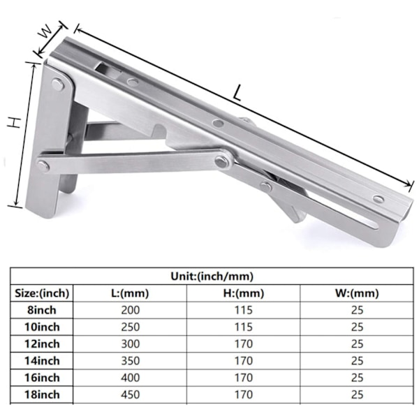 ##/200 mm Foldbar Brakett, Foldbar Konsollbrakett i Rustfritt Stål, Wa##/