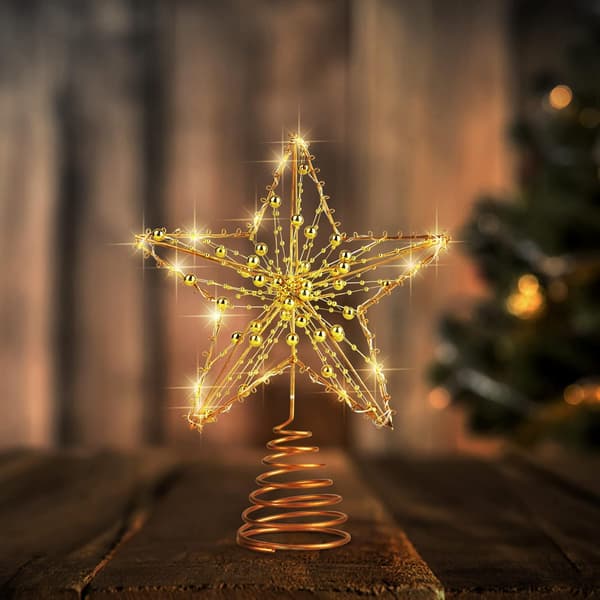 Julgransstjärna (Medium Storlek), LED-stjärna, Guldiga Pärlor, Belyst