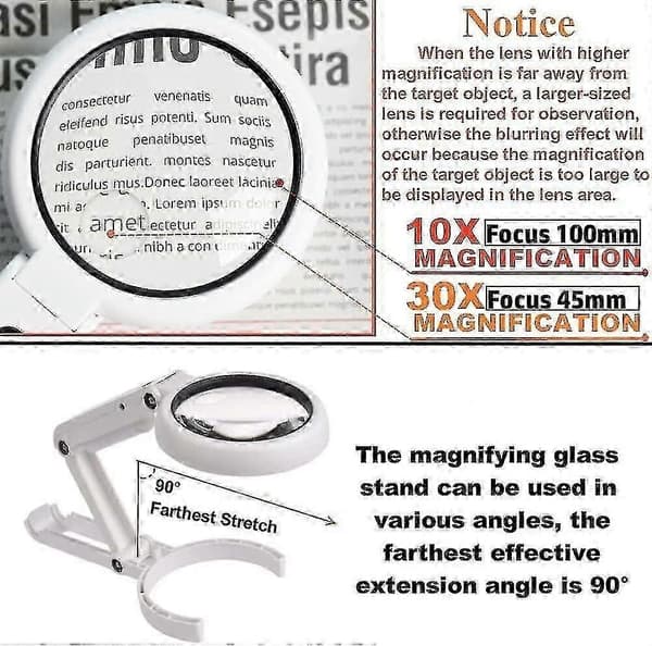 30x 10x Förstoringsglas med Ljus och Ställ, Vikbart Handhållet Förstoringsglas & 2 Nivåer av Dimbarhet för Precisionsarbete