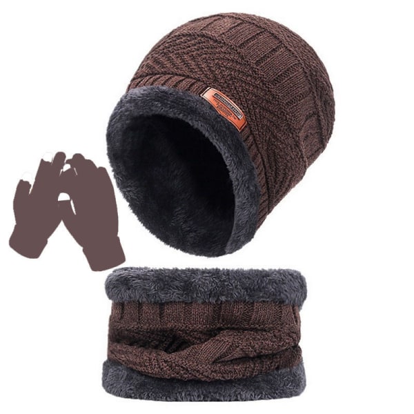 Kids Winter Hat Scarf Gloves Set -Coffee Warm Thermal Knitted Bea