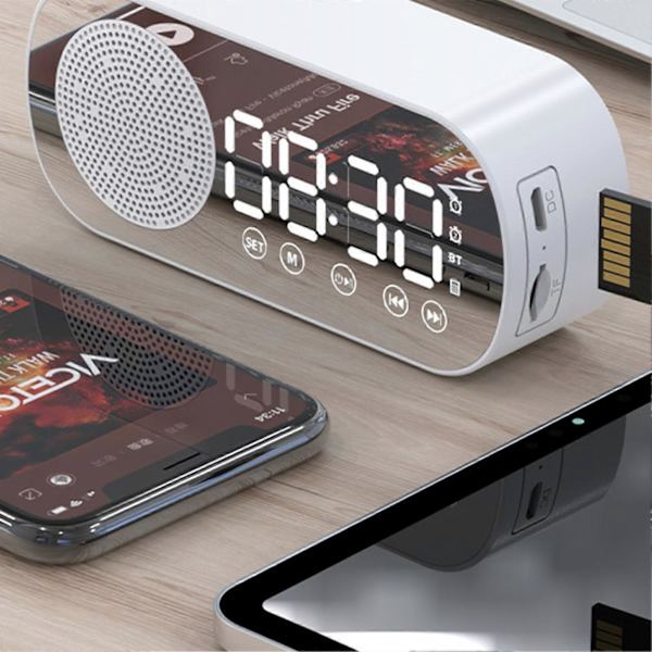Bluetooth Högtalarklocka Multifunktionell Smart Digital Spegel Väckarklocka för Hem Skola Kontor Engelsk Version Z7 Vit
