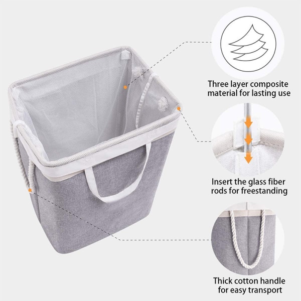 Stor Vaskkurv 60 x 41 x 31 cm, Foldbar Vaskpose med Tauhåndtak