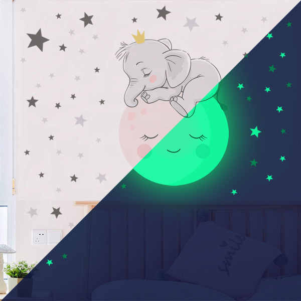 Kreativ Luminous Väggdekal Cartoon Elephant Moon Leende Fac