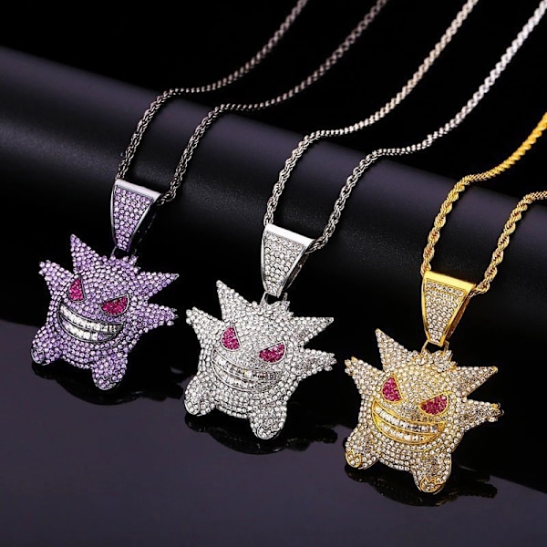 ##/3-delt Unisex Halskæde med Krystaller Besat Gengar Vedhæng Forgyldt Rustfrit Stål Kæde##/