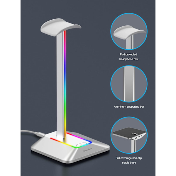 Hodetelefonstativ RGB-hodesettholder med 2 USB