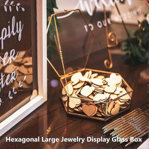 Heksagonal Smykkeskrin i Glas, Guld Elegant Organizer til Ringe, Øreringe, Armbånd, Støvtæt Æske (Stor)