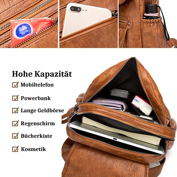 Kevyt reppu naisille, nahkaa, suuri tilavuus, vapaa-ajan koulureppu