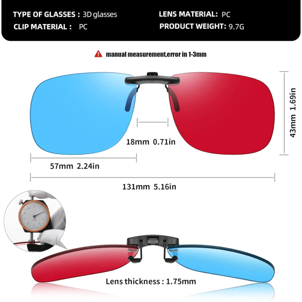 Anaglyf Rød Blå/Cyan 3D Briller Klips for 3D Film Tegneserier, Lys