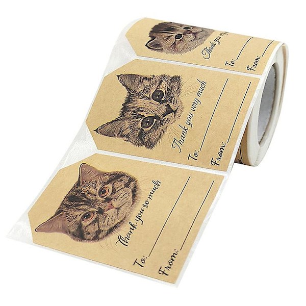 3 x 250 kpl joulukuusen tarroja rullassa? Tarra kraft-paperia söpö kissa kiitos lahjat&