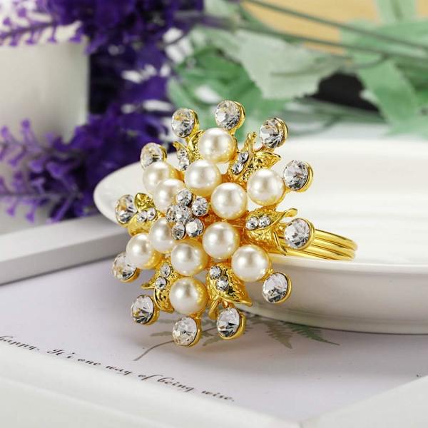 Serviettringer (Gull) Sett med 6 - Blomst Perle Rhinestone Serviettring