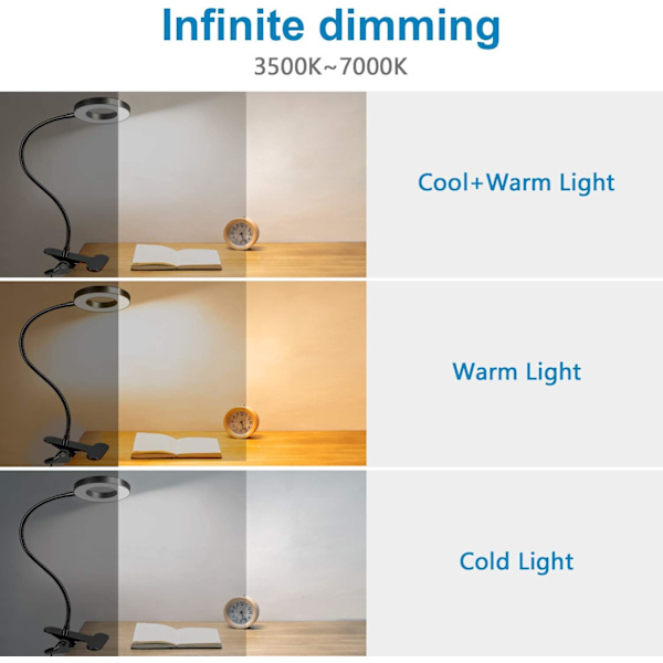 48 LED Klämma Skrivbordslampa 360° Flexibel Clip-on Läslampa 3 Ljus