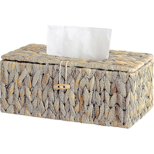 Servietholder i flet, vævskassebetræk i vandhyacint, dekorativ vævskasseholder med låg, håndvævet servietdispenser, 1 stk., 25,4 cm L x 15,2 cm B x 10,2 cm H