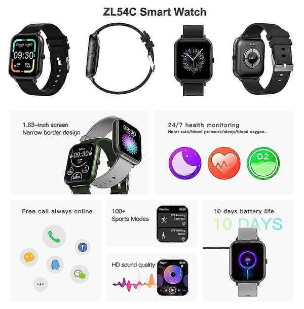 1,83-tums smartklocka Bluetooth-samtal pulsmätning musik meddelanden multi-sport smartklocka