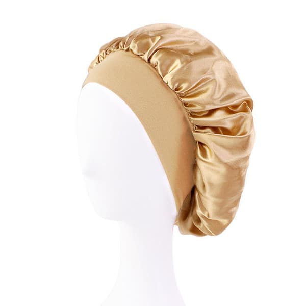 ##/Satinsovhatt med bred brätte i enfärgad (guld), huva##/