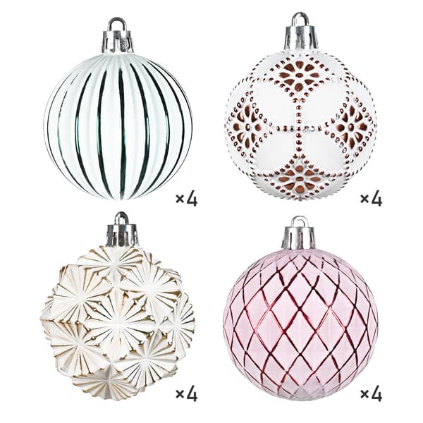 16 stk. julekuler, 6 cm, rosa, 4 stiler