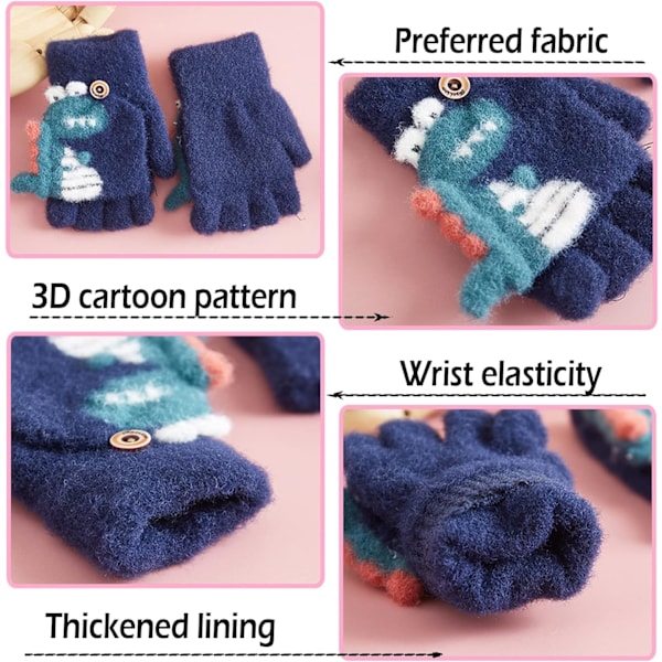 2 Par Knittede Handsker til Børn, Børne Vinterhandsker, Mørkeblå og