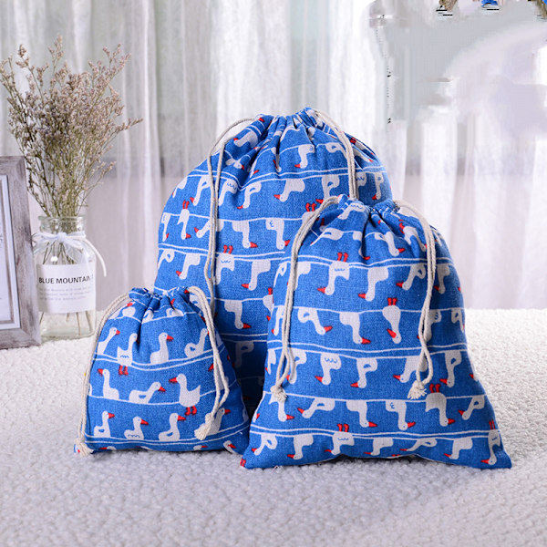 ##/(Blå) 3-pack dragsko-påse i bomull och linne förvaringspåse presentpåse##/