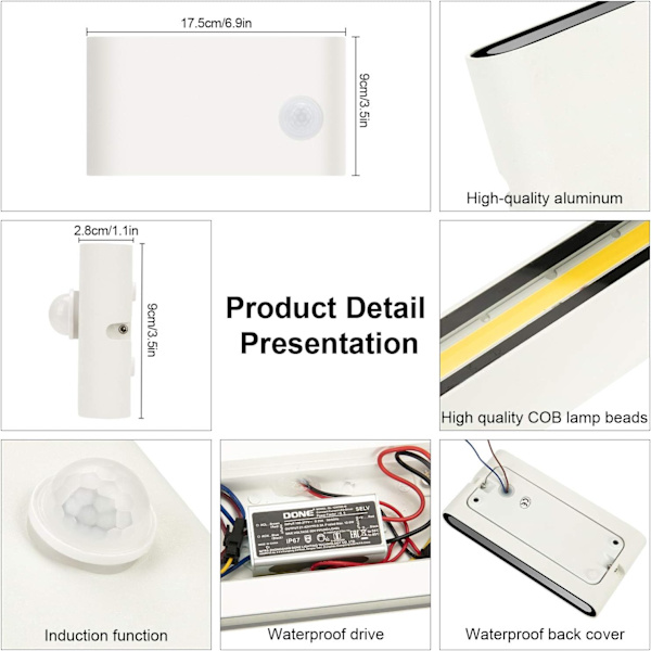 12W LED Vägglampa med Rörelsesensor, Modern Inomhus-/Utomhusvägg