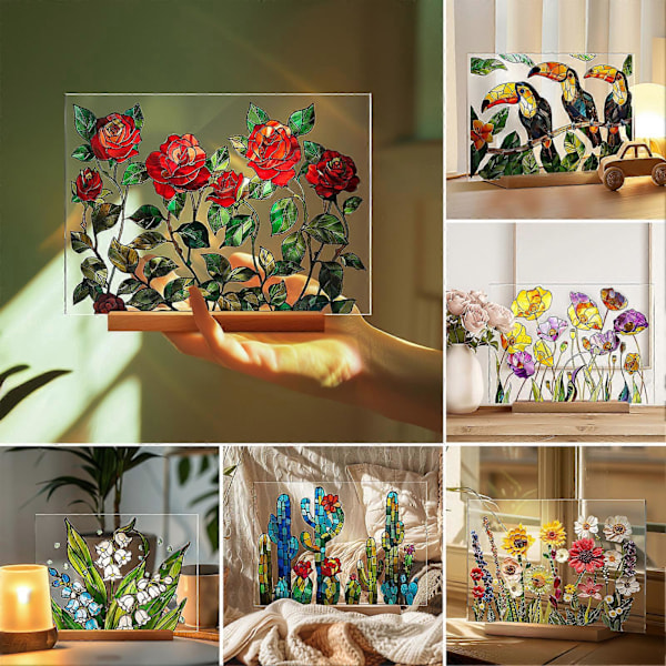 Akryl Blomst Bord Skilt med Tre Stativ Kraftig Blomsterplanter Hjemmekontor Midtstykke Skrivebordsdekorasjon Ornament C