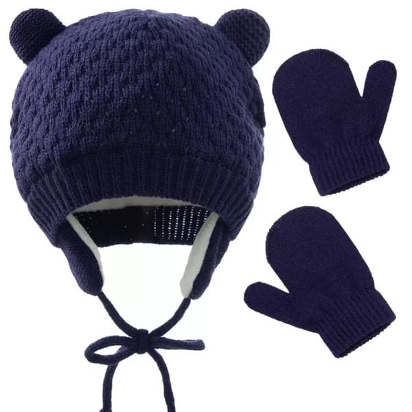 Sæt med 2 strikkede huer BABY hue ører fleece vinterhandsker