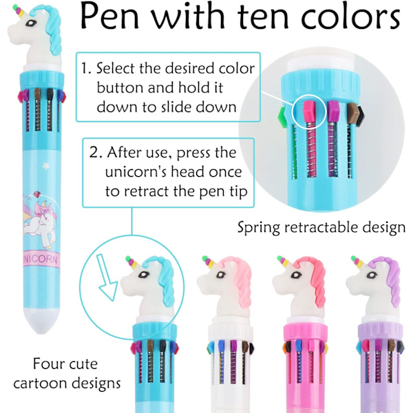 /#/Flerfarget Retractable Ballpoint Penner - Unicorn, 10 Farger 0.5mm /#/