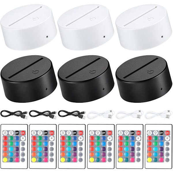6 Stykker (Hvit, Svart, Liten) 3D Natt LED Lys Lampebase 16 Farger