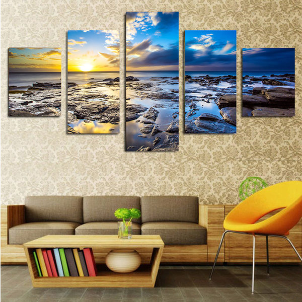##/5-delad väggkonstmålning - Soluppgångsstrand, Dekor av non-woven canvas##/