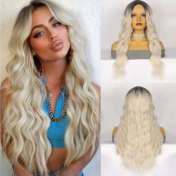 Parykk med blond gradient, langt krøllete hår
