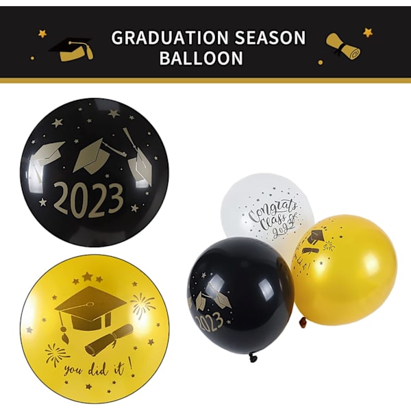 2023 Graduation Balloner, 15 stk Ballonsæt Sort Guld Graduation