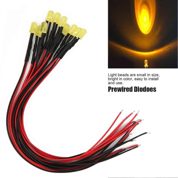 100 stk. 12V Klar 5mm Ferdigkablet Lysdiode med 20cm Ledning LED Lysperler Gul til Gul
