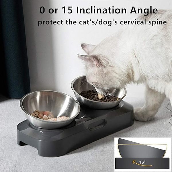 ##/Höjd Stålmatskål för Katt & Hund 480ml x2 Dubbelskål för Katt & Hundmatning  Halksäker & Spillfri##/