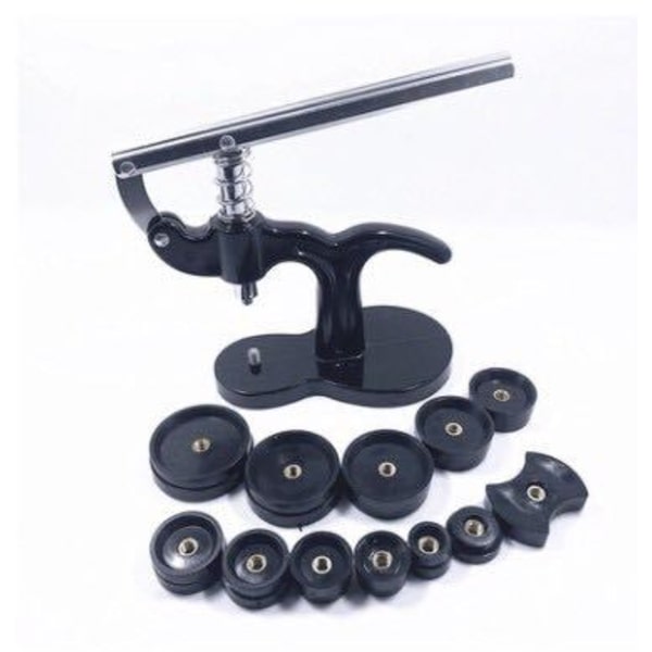 ##/13-delad svart uppsättning tryckverktyg klockpress baksida klockmakare reparation##/