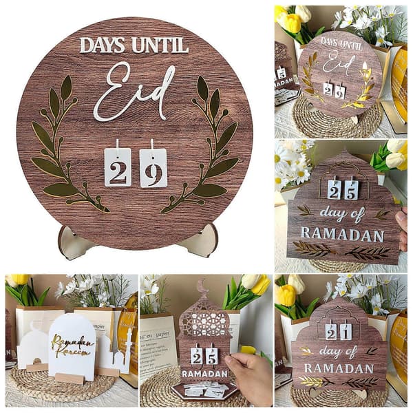 Ramadan Nedräkningskalender Trä Rund Lövdekor Display Form DIY Eid Mubarak Festival Bordsdekoration D