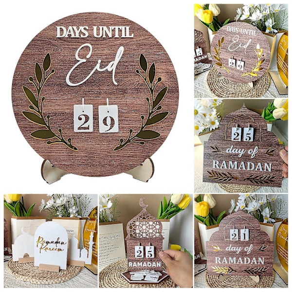 Ramadan Nedtelling Kalender Tre Rundt Blad Dekor Display Form DIY Eid Mubarak Festival Borddekorasjon C