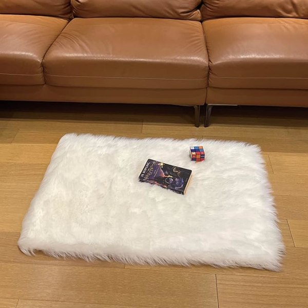 White Area Rug, Faux Sheepskin Bedroom Rug, Plush Chair Mat