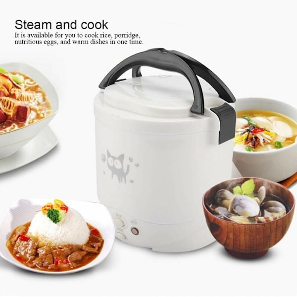 Mini Risgrynskoger, 12V 100W 1L Elektrisk Dampkoger, Bærbar Rejse Dampkoger Lille, Alt-i-én Multikoger Gryde Vandafvisende Non-Stick Hold Varmt Funktion (Hvid)