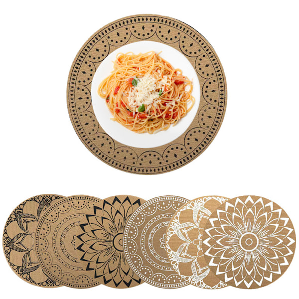 ##/Boheme Print Runde Bordskånere PVC Flettede Bordskånere Sæt af 6 Vaskbare Varmebestandige Skridsikre Bordskånere til Køkken Restaurant Spisebord##/