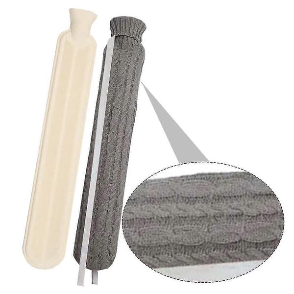 Klassiskt kabelstickat överdrag, lång varmvattenflaska i gummi, varmvattenpåse för smärtlindring light grey