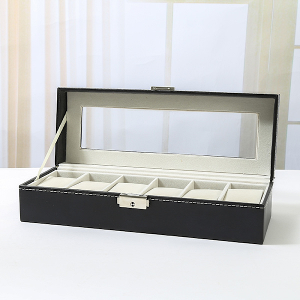 ##/Urklocka med 6 fack, klockfodral, displayfodral, glaslock, sammetsdynor, lås, 11 x 30 x 8 cm, svart beläggning och grå foder##/