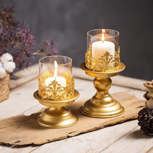 ##/Set med 2 Vintage Guld Ljusstakar - Dekorativ Rustik Metall Ca##/