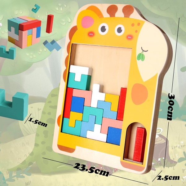Tetrispussel i trä för barn (giraff), 3D-pussel Montessorileksak