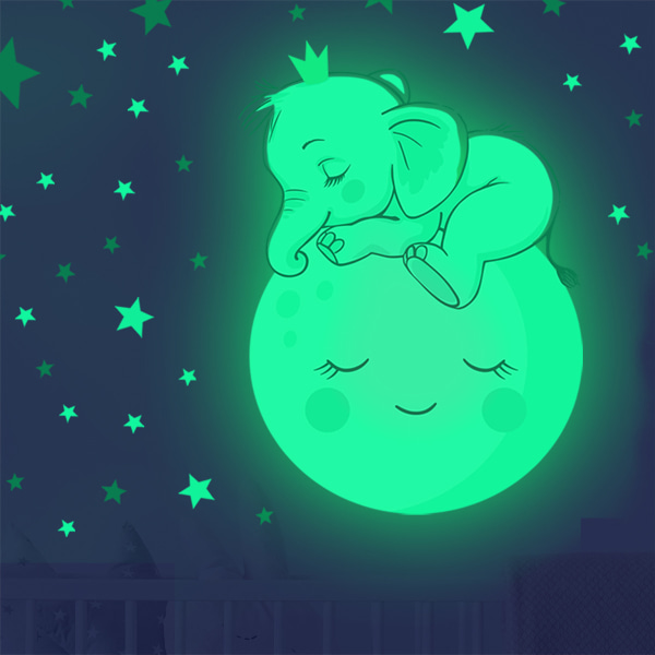 Kreativ Luminous Väggdekal Cartoon Elephant Moon Leende Fac