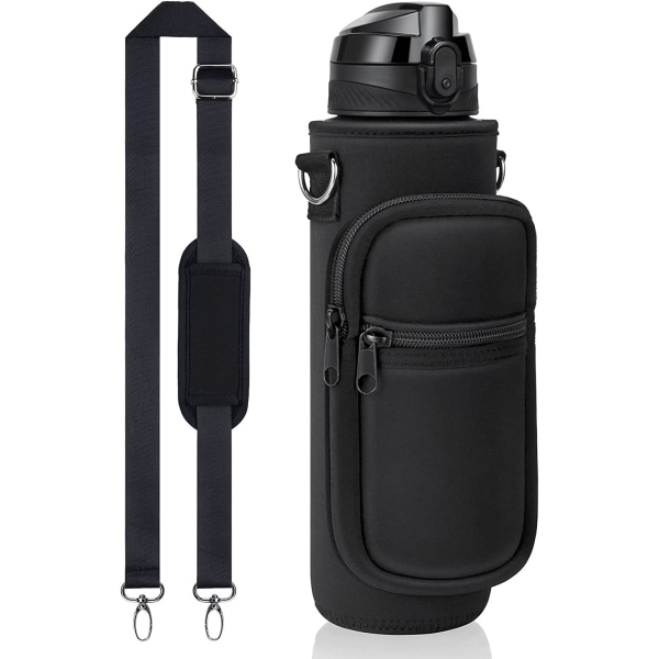 Sort Neopren Flaskepose, 32oz Flaskeholder med Justerbar Skulderrem