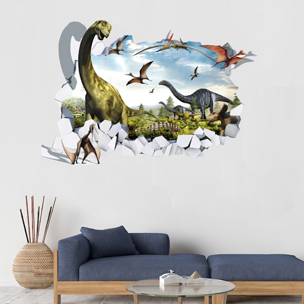 3D veggdekorasjon med ødelagt vegg, dinosaur, stue, soverom, barnerom