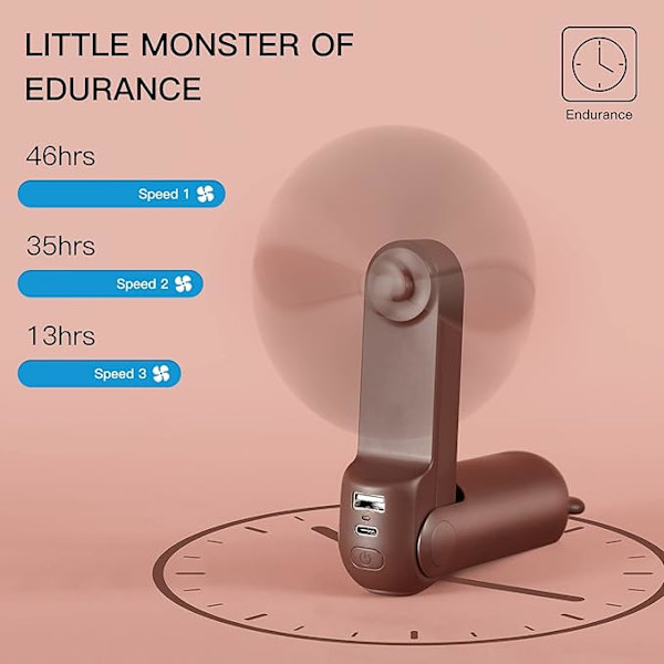 ##/Håndholdt Fan med 4800 mAh Powerbank Max 46 Timers Kørselstid Lommefan Batteridrevet 3 Hastigheder - Brun##/